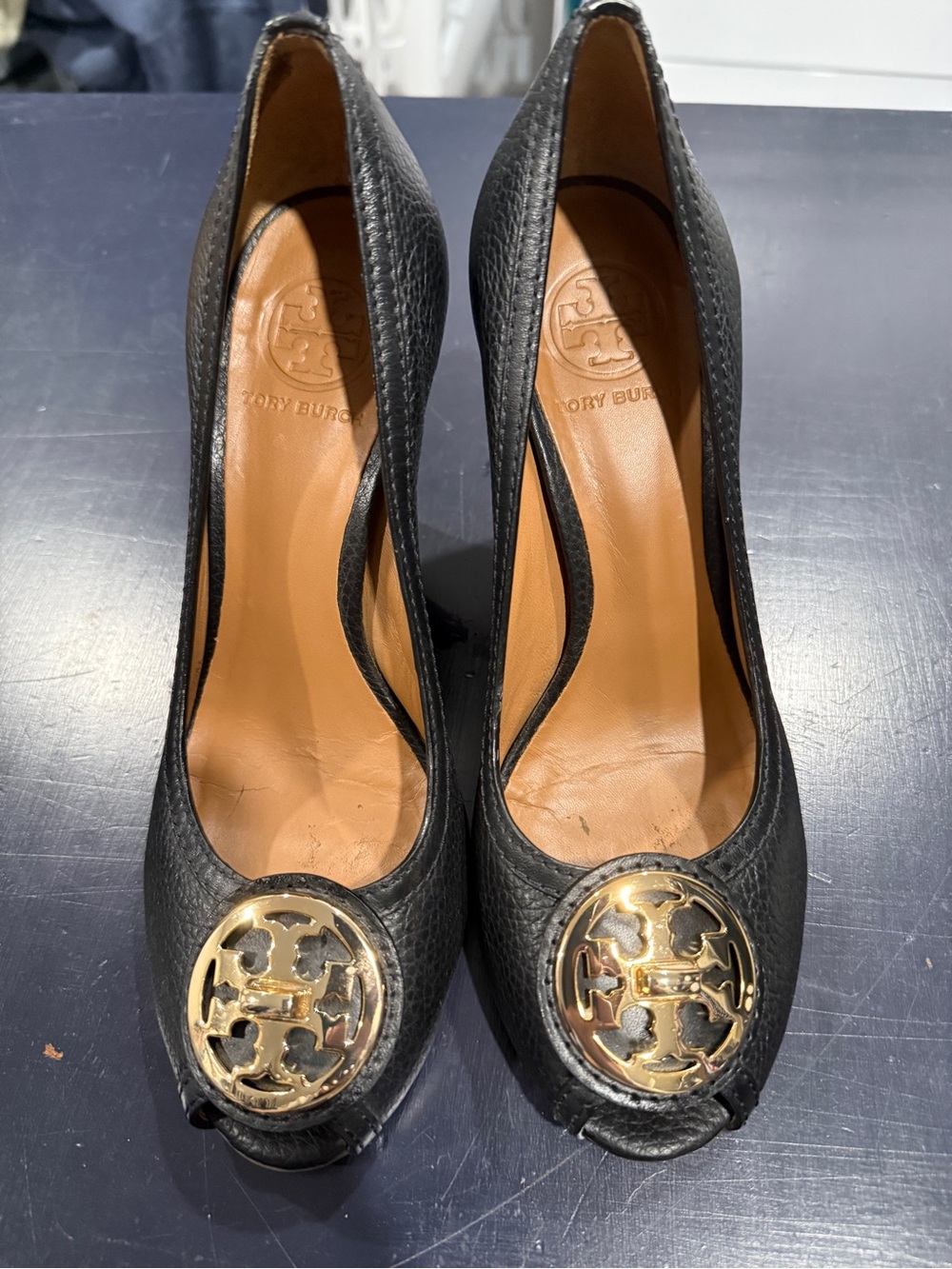 Tory Burch Black Leather Peep-Toe Pumps with Gold Logo